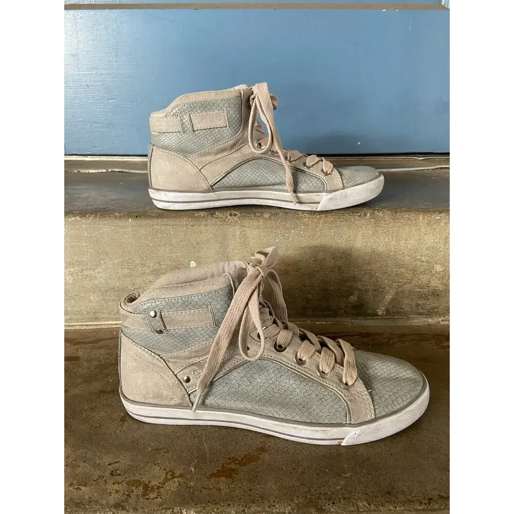 G by Guess Opall 12 mid-top 2 tone sneakers w/ faux-snakeskin pattern.